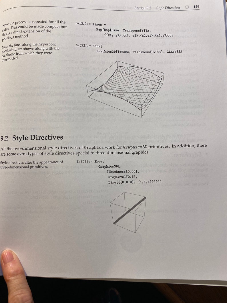 May include: A 3D graphic of a hyperbolic paraboloid with a grid pattern. The graphic is created using the Mathematica programming language. The code for the graphic is shown in the image.