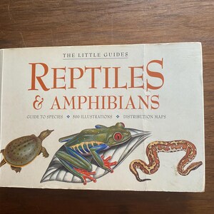 May include: A book titled "Reptiles & Amphibians" featuring illustrations of a turtle, frog, and snake. The cover includes the text "The Little Guides" and mentions "Guide to Species," "500 Illustrations," and "Distribution Maps."