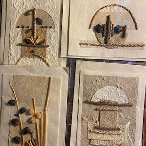 Carte de vœux vierge artistique de semences et de textiles - Personnalisation prête - Nouveau inutilisé - Papier écru pour carte / enveloppe - Fait à la main 4.5 » x 6.5 »