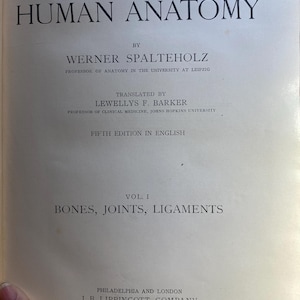 Può includere: Un libro d'epoca intitolato "HAND-ATLAS OF HUMAN ANATOMY" di Werner Spalteholz. La copertina è grigio chiaro con testo nero. Il libro è la quinta edizione in inglese, Volume I, e tratta di ossa, articolazioni e legamenti.
