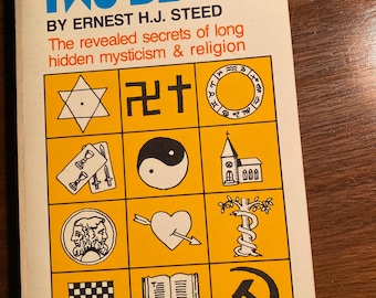 May include: A book cover with the title "Two Be One" by Ernest H.J. Steed. The cover features a yellow background with a grid of nine squares, each containing a different symbol. The symbols include a Star of David, a swastika, a yin-yang symbol, a church, a tree, a heart with an arrow, a chessboard, a book, and a hammer and sickle.