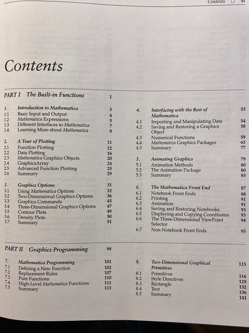May include: A table of contents for a book about Mathematica, a software program for technical computing. The table of contents is divided into two parts: The Built-in Functions and Graphics Programming. The book covers topics such as basic input and output, graphics options, and animating graphics.