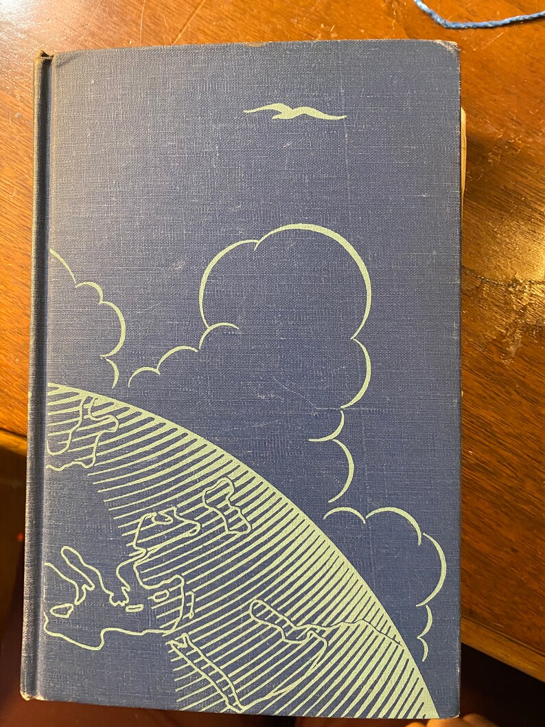 Op de afbeelding: Een blauw hardback boek met een groene en witte illustratie van een wereldbol en wolken op de omslag. De wereldbol wordt omringd door een witte vogel die in de lucht vliegt.