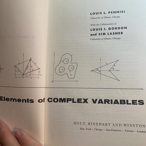 May include: The title page of the textbook Elements of Complex Variables by Louis L. Pennisi, Louis I. Gordon, and Sim Lasher. The page features black text on a white background, including mathematical diagrams of geometric shapes and coordinate axes.