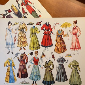 May include: A vintage paper doll set featuring 10 different outfits for a woman. The outfits are from the early 1900s and include dresses, hats, and accessories. The paper doll set is printed on a white background with the text "Nr. 10213."