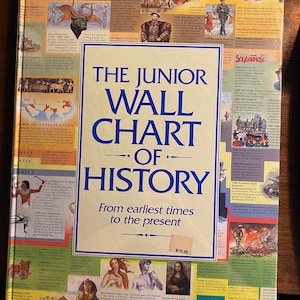 Puede incluir: Un libro antiguo "The Junior Wall Chart of History". La portada presenta un título azul con figuras y eventos históricos desde los primeros tiempos hasta el presente. El libro es rectangular y tiene una etiqueta de precio de 19,95 $.
