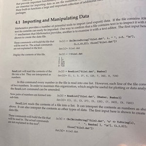 May include: A page from a textbook about importing and manipulating data in Mathematica. The page shows code examples for reading data from a file and creating a list of numbers.