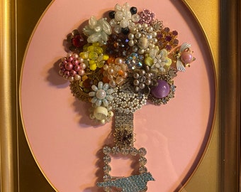 Button Bouquet of Flowers Framed - Pink Matting with Gold Frame - Bead, Rhinestone Buttons, Bird, Belt Buckle - Pink, White, Yellow Florals