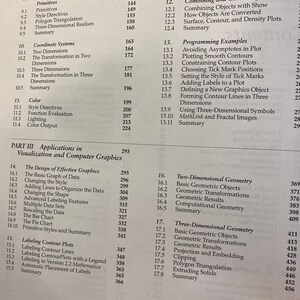 May include: A book titled "Applications in Visualization and Computer Graphics" with a table of contents listing chapters and page numbers. The book covers topics such as three-dimensional graphics, combining and converting graphics, programming examples, two-dimensional geometry, and three-dimensional geometry.