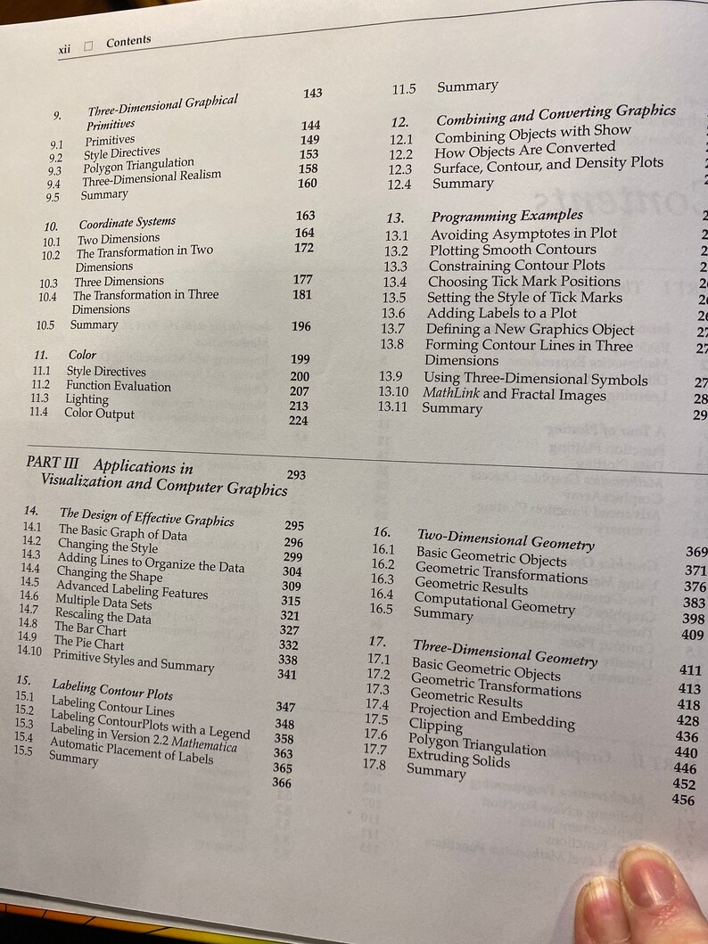 May include: A book titled "Applications in Visualization and Computer Graphics" with a table of contents listing chapters and page numbers. The book covers topics such as three-dimensional graphics, combining and converting graphics, programming examples, two-dimensional geometry, and three-dimensional geometry.
