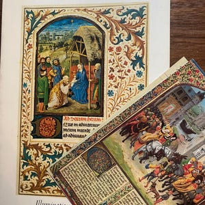 May include: A book titled "Book of Hours" with an illuminated illustration of a religious scene. The cover features ornate floral and foliate borders in teal, gold, and brown. A second page with a detailed illustration is visible.