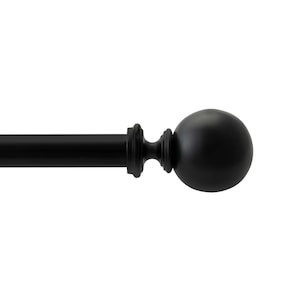 May include: A black curtain rod with a spherical finial. The rod is a matte black finish and has a simple, elegant design. The finial is a smooth, round ball shape.