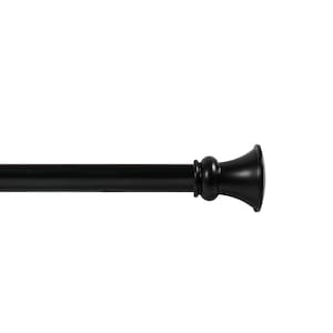 May include: A black, adjustable curtain rod with decorative finials. The rod is made of metal and has a smooth, matte finish. The finials have a bell-like shape. The curtain rod is designed to be mounted on a wall and used to hang curtains or drapes.