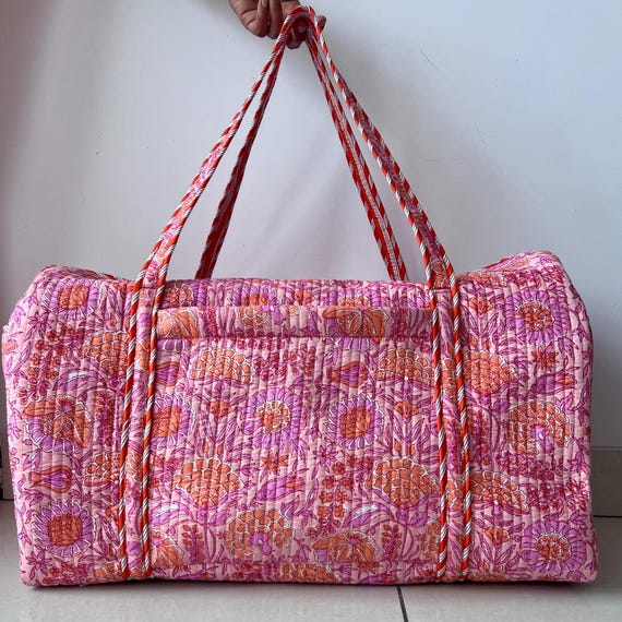 Indian COtton Duffle Bag | Floral Quilted Weekender Travel Bag | Women's Shoulder Storage Bags For Her | Holiday Gift | Back to School Bags