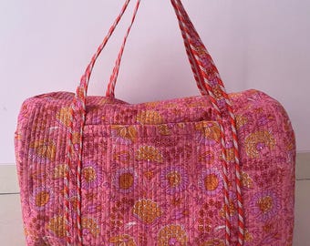 Bolsa de lona de algodón indio / Bolsa de viaje de fin de semana acolchada con estampado floral / Bolso de hombro para mujer / Regalo navideño / Bolsa para la vuelta al cole