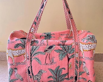 Large Cotton Overnight Bag for Women Floral Hand Luggage Bag Handmade Quilted Fabric Duffle Bag Block Printed Weekender Travel Bags For Sale