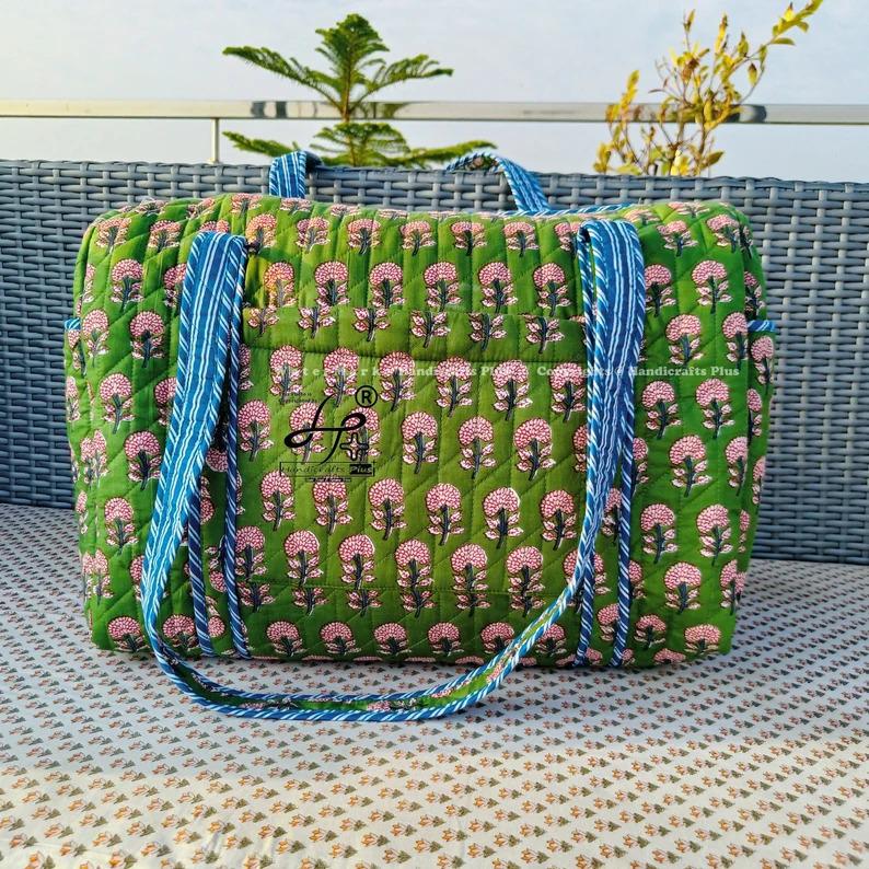 Large Cotton Weekender Travel Bag for Women Handmade Quilted
