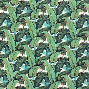 May include: A repeating pattern of large, overlapping banana leaves in shades of dark forest green, vibrant lime green, and teal. The leaves are set against a thin, vertical white pinstripe background, creating a dense, botanical textile design.
