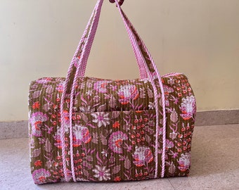 Block-Printed Floral Cotton Weekender, Handmade Quilted Duffle Bag For Women, Stylish & Unique Overnight/Travel Hand Luggage Bag, Ideal Gift