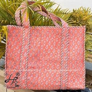 100% Cotton Quilted Large Handmade Tote Bag For Woman Reusable Block Printed Boho Shopping/ Grocery Bag Bohemian Shoulder Bag Gift For Wife
