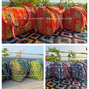 Große Baumwolle gesteppte Reisetasche handgemachte Blumen Einkaufstasche für Frau Boho Block Print Wochenend Reisetasche benutzerdefinierte Handgepäck Tasche