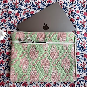 May include: A quilted laptop sleeve in light green featuring a repeating pattern of red tigers. The sleeve has a zippered front pocket containing a white charging cable and a grey laptop partially inserted into the main compartment.