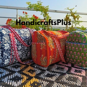 Large Cotton Weekender Travel Bag, Bags for Women, Christmas Gift, Handmade Quilted Duffle Bag Block Printed Overnight Bag Hand Luggage Bag