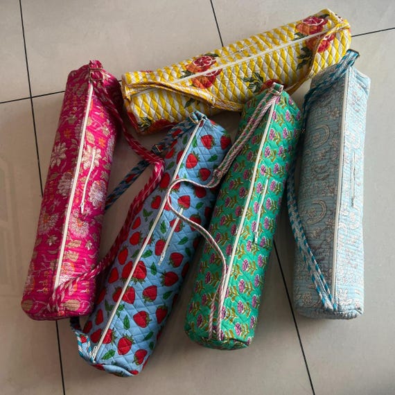 Eco-Friendly Sport Bag, Cotton Yoga Bag, Handmade GYM Bag, Quilted Floral Yoga Mat Bag, Indian Yoga Mat Bag For Women/Men, Round Shape Bags