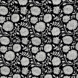 May include: A black fabric featuring a repeating white floral pattern. The design consists of stylized, textured flowers with multiple petals and thin, winding stems with small leaves, creating a dense, continuous botanical print across the surface.