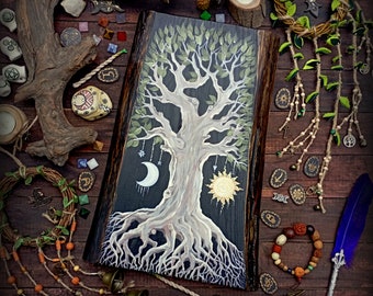 handmade, tree of life wall decoration, hand-painted on natural wood, gothic home decor, witch gift,length 16 inches, width 9 inches