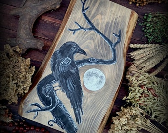 Raven, art wall mystical painting, hand drawn  black raven, witches gift, pagan norse mythology, mystical totem animal,  crow totem