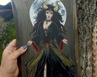 Lilith mystical painting, witch room wall decor, altar art painting, hand painted wood, witch gifts