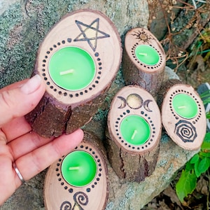 Witch Altar Candlesticks Set of Five Plum Branch Candlesticks with Witchcraft Symbols, Prography Natural Rustic Decor Green Witch,Home Decor