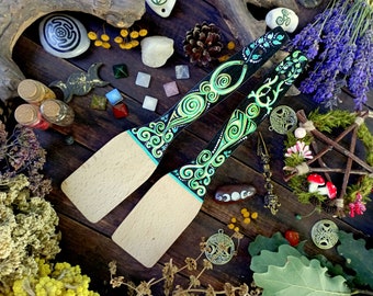 a set of two kitchen spatulas with the pattern of the god and goddess Wicca, decor for the witch's kitchen