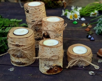 witch altar candle holders set of five birch branch candle holders with triple moon symbol natural rustic green witch home decor,gift wiccan