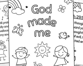 May include: A black and white colouring page featuring the text God made me in the centre. The page includes line art illustrations of a rainbow, hearts, flowers, a butterfly, a bird, a sun, a snail, and two children. The website mysunandshade.com is printed at the bottom.