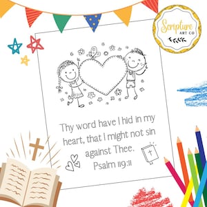 THY WORD Have I Hid in My Heart, KJV Bible  Verse Psalm 119:11, Coloring Page, Bible Game for Kids, Sunday School Activity Pages, Craft Fun