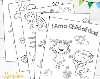 May include: A stack of black and white colouring pages featuring illustrations of children, rainbows, and religious symbols. One page reads "I Am a Child of God." The pages are from Scripture Art Co.