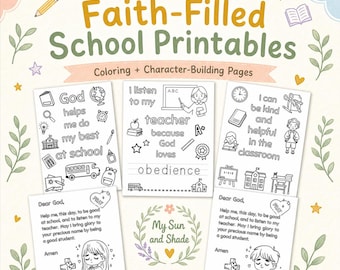 May include: A set of Faith-Filled School Printables featuring colouring and character-building pages with black and white illustrations of school supplies, children, and religious text. The design includes a pencil, book, and floral accents.
