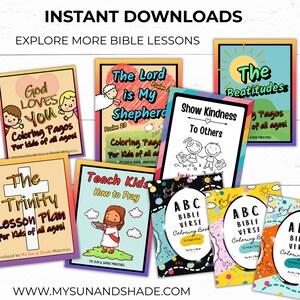 A resource for finding the perfect bible lesson or bible craft, such as, God Loves You, The Lord is My Shepherd, The Beatitudes, The Trinity, Teach Kids How to Pray, and ABC Bible Verse Coloring Book.