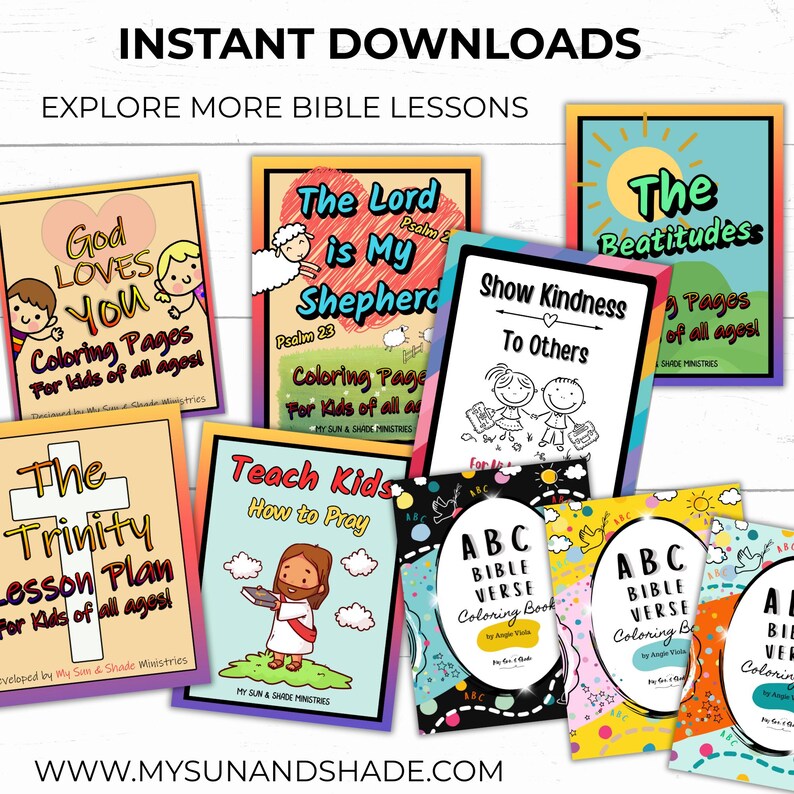 A resource for finding the perfect bible lesson or bible craft, such as, God Loves You, The Lord is My Shepherd, The Beatitudes, The Trinity, Teach Kids How to Pray, and ABC Bible Verse Coloring Book.
