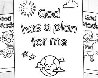 May include: Black and white coloring page with the text "God has a plan for me." The design includes a smiling sun, cloud, stars, and a smiling earth. The words "God Made Me" are also visible on the left and right sides of the image.