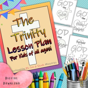Manualidad juvenil de la Santísima Trinidad, actividad de escuela dominical, clase cristiana para niños, lección bíblica para jóvenes, estudio bíblico para niños, colorear para la iglesia infantil