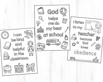 May include: Three black and white educational printables with school-themed illustrations and text. One says "I can be kind and helpful in the classroom." Another says "God helps me do my best at school." The third says "I listen to my teacher because God loves obedience."