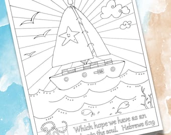 May include: A black and white line drawing of a sailboat with a smiling star on its sail, sailing on wavy water. The image includes seagulls, clouds, and the text "Which hope we have as an anchor to the soul. Hebrews 6:19."