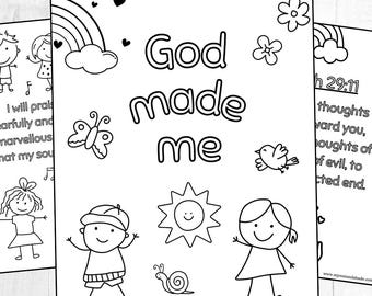 May include: Black and white colouring page featuring the words "God made me" with illustrations of a rainbow, flowers, a butterfly, a bird, a sun, a snail, and children. Other pages with text are visible.