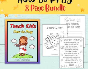 May include: An 8-page printable bundle for teaching children how to pray. The cover features a cartoon illustration of Jesus holding a book. The bundle includes a page with 5 ways to pray, a page with an everyday prayer, and a page for praying in the morning, afternoon, and night.