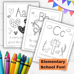 May include: Three black and white coloring pages featuring the letters A, B, and C. Each page includes a simple illustration and a short phrase. The pages are titled "A merry heart doeth good like a medicine", "Be still, and know that I am God", and "Cast all your cares upon Him, for He careth for you".