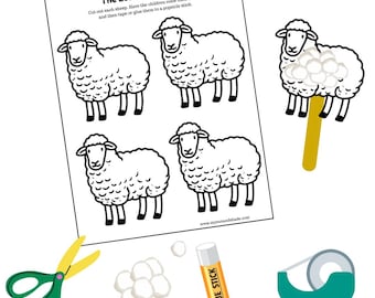 May include: A children's craft set featuring a sheet with sheep illustrations, scissors, cotton wool balls, a glue stick, and tape. The instructions encourage children to colour the sheep and attach them to lolly sticks.