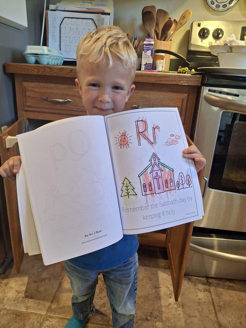 A preschooler coloring, christian bible, verse alphabet pages